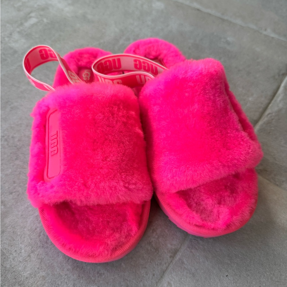UGG Neon Pink Fluff Slide Slippers